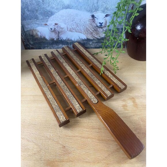 Vintage Sweden Wood and Cork Trivet With Handle Rustic Kitchen Decor - Picture 1 of 5